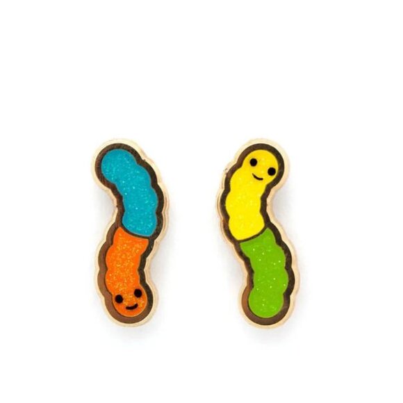 Cute Adorable Kawaii Smiling Gummy Worms Earrings - 24K Gold Plated - Picture 1 of 3